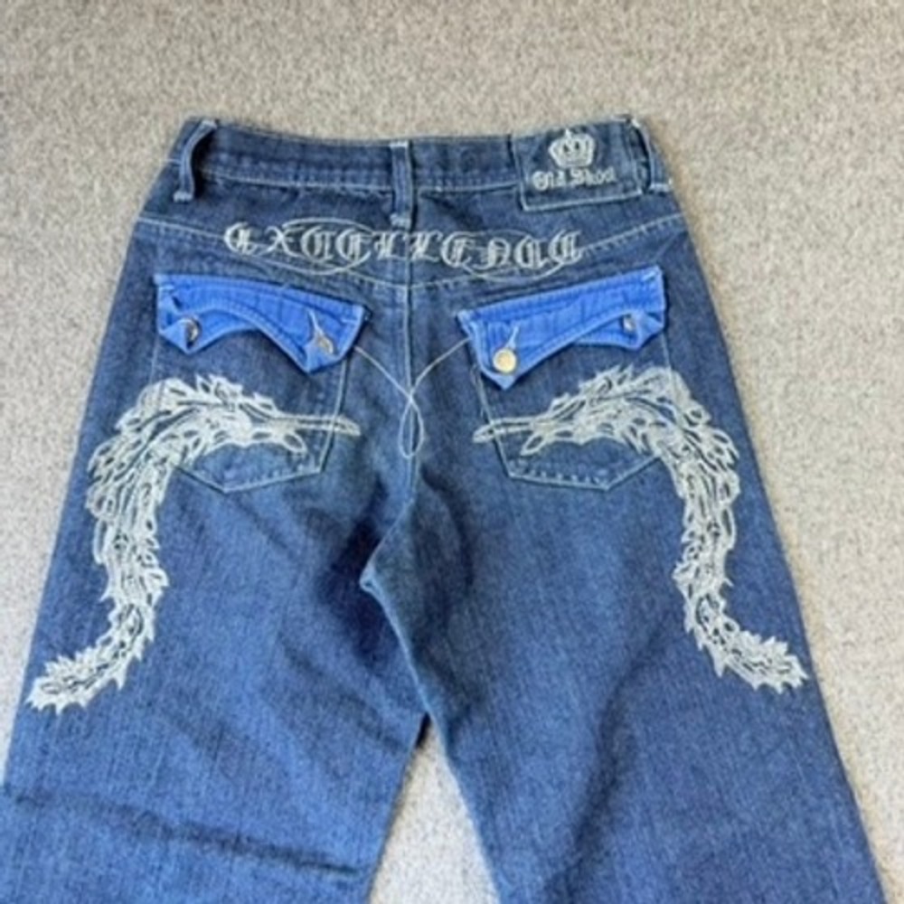 Old Skool Excellence Kids Blue Denim Dragon Embroidered Straight Leg Jeans Sz 12